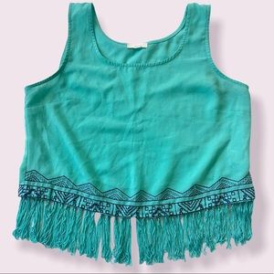 Blue Tassel Embroidered Crop Top